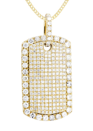 14K Yellow Gold Dog Tag Diamond Pendant & Cuban Chain | 4.8 Carats