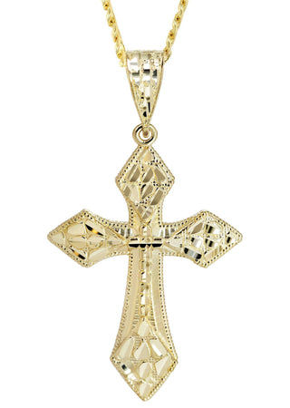 10K Yellow Gold Cuban Chain & Nugget Cross Pendant | Appx. 15.2 Grams
