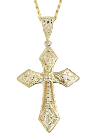 10K Yellow Gold Cuban Chain & Nugget Cross Pendant | Appx. 15.2 Grams