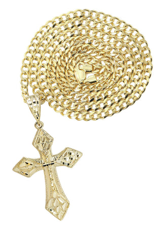 10K Yellow Gold Cuban Chain & Nugget Cross Pendant | Appx. 15.2 Grams